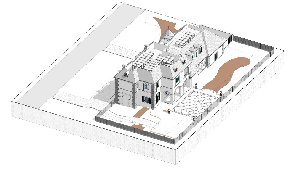 Axonometric drawing of the classical French-style two-storey residence on its walled lot, with pergolas, dormers and a paved forecourt