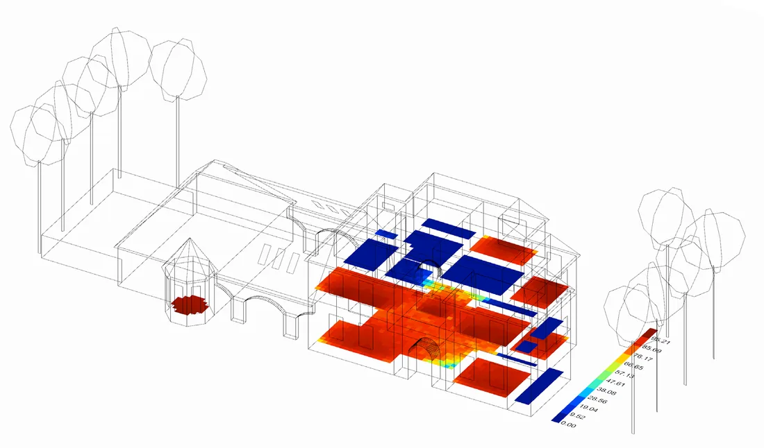 Three-dimensional daylight autonomy map of both floors, mostly red with blue in deeper rooms