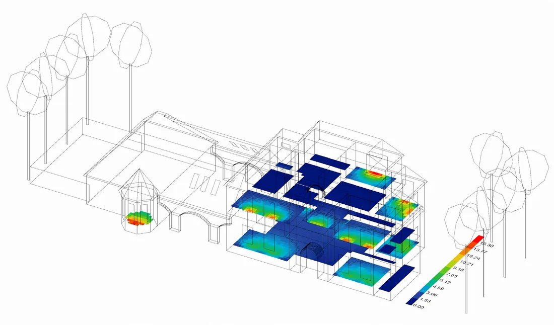 Three-dimensional daylight factor map of both floors, mostly dark blue with brighter zones near windows