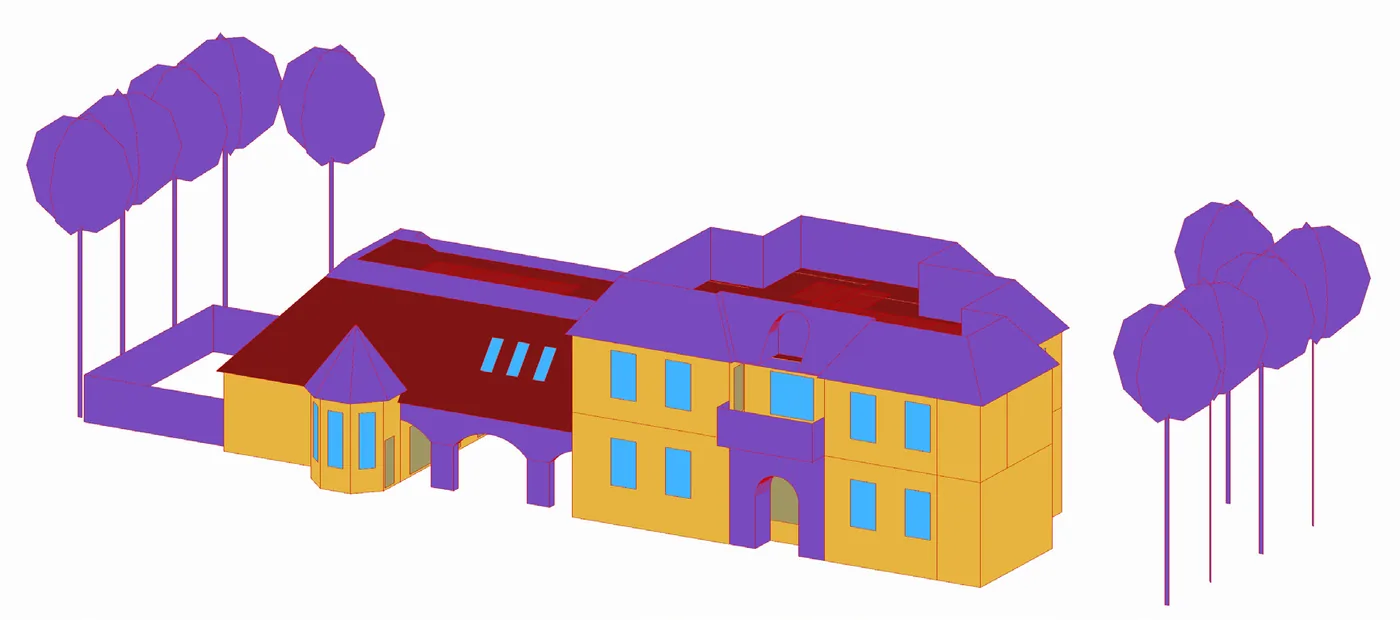 Honeybee energy model of the residence with walls, roofs, windows and surrounding trees in model colours