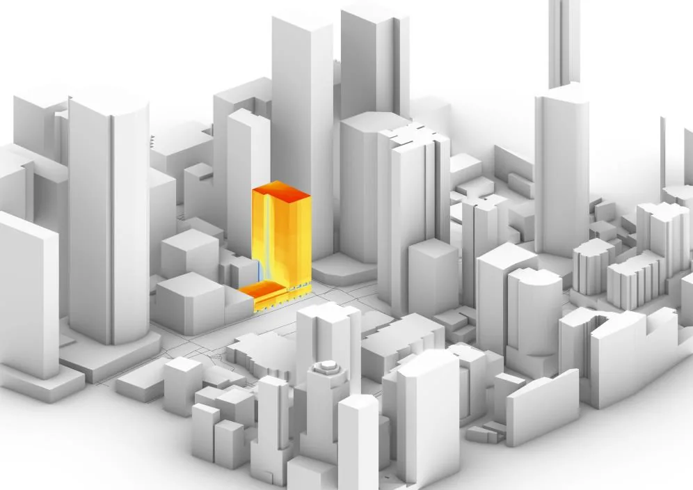 Honeybee radiation map of the block with the western fa&ccedil;ade coloured orange and yellow