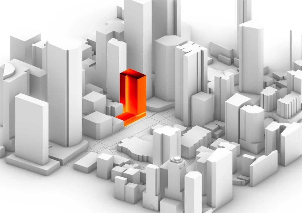 Ladybug model of the Sydney CBD block with the western fa&ccedil;ade of 570 George Street coloured by annual direct sun hours, red to dark red