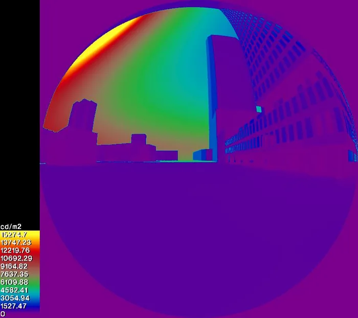 False-colour fisheye luminance map from the northbound driver position