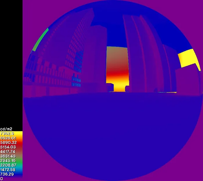 False-colour fisheye luminance map from the southbound driver position