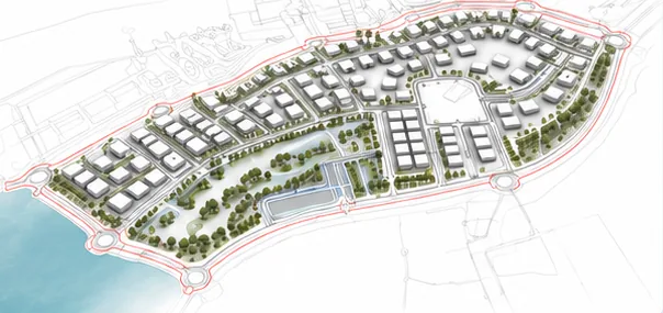 Aerial 3D render of the precinct: white residential blocks, tree-lined streets and open parcels along the coast