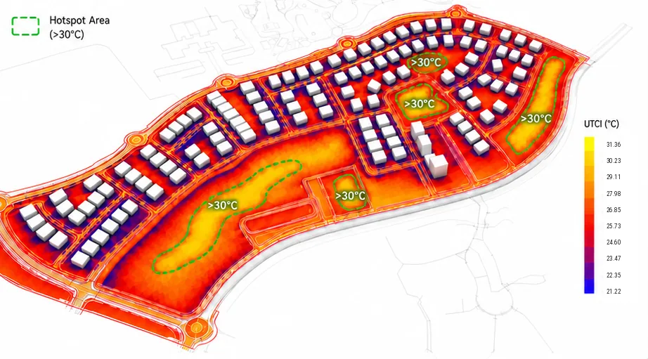 3D UTCI map of the precinct on 12 August, red to yellow, with the hotspot areas above 30 degrees outlined in green in the central open parcel, eastern edge and northern pocket